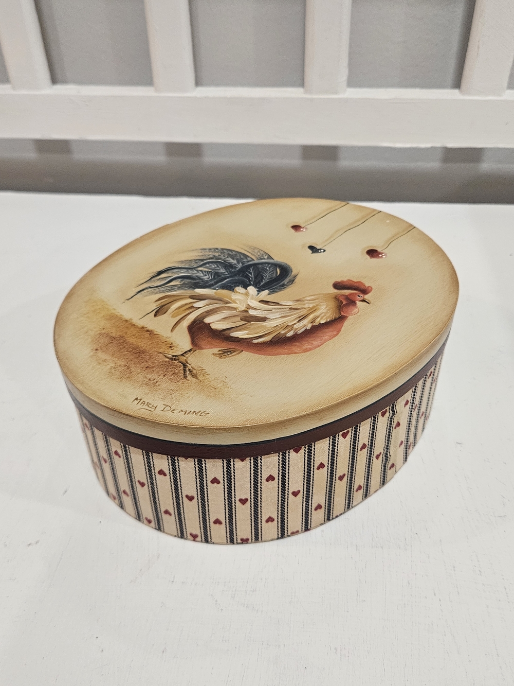Vintage Handpainted Rooster Cloth Wrapped Storage Box, Signed Mary Deming